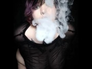 Curvy goth vaping in sheer outfit