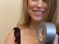 Button Applies Duct Tape to Her Mouth to Perform a Handjob and Then Slurp Up the Cum