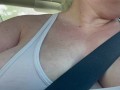 driving topless! public nipple play in car