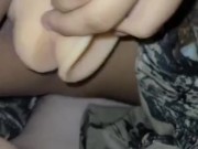 Ebony chick thrusts her wet pussy full with white dildo