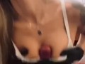 Hot blonde stepsister gives me tit wank in bra with latex gloves