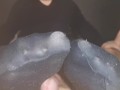 Amateur chubby girl gives nylon Footjob, Hot cumshot