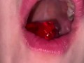 Open mouth gummy swallowing. Underwear