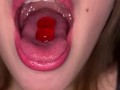 Open mouth gummy swallowing. Underwear