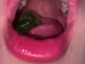 Open mouth gummy swallowing. Underwear