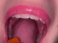 Open mouth gummy swallowing. Underwear