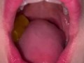 Open mouth gummy swallowing. Underwear