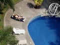 Spying my sexy MILF neighbor by the pool, voyeur fetish