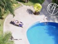Spying my sexy MILF neighbor by the pool, voyeur fetish