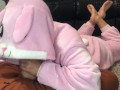 Bunny girl gives foot pose blowjob