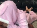 Bunny girl gives foot pose blowjob