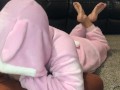 Bunny girl gives foot pose blowjob