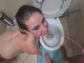 Bitch licking piss stream from her master