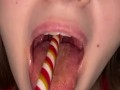 Candy gagging. Xmas underwear. Uvula show