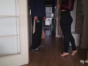 Horny MILF in yoga pants has no money to pay the delivery guy - quickie sex with clothes