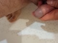 Pissing on my palm and masturbating my dick in the bathroom.