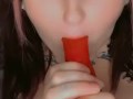 Egirl sucks on big pink dildo