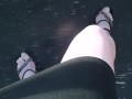 POV walking in platform stripper heels with blue toenail polish, toe rings and feet close ups