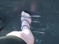 POV walking in platform stripper heels with blue toenail polish, toe rings and feet close ups