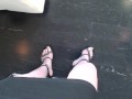 POV walking in platform stripper heels with blue toenail polish, toe rings and feet close ups