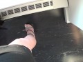 POV walking in platform stripper heels with blue toenail polish, toe rings and feet close ups