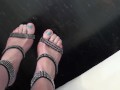 POV walking in platform stripper heels with blue toenail polish, toe rings and feet close ups