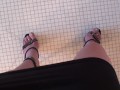 POV walking in platform stripper heels with blue toenail polish, toe rings and feet close ups