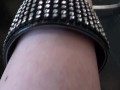POV walking in platform stripper heels with blue toenail polish, toe rings and feet close ups