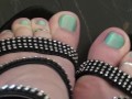 POV walking in platform stripper heels with blue toenail polish, toe rings and feet close ups