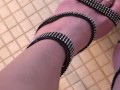 POV walking in platform stripper heels with blue toenail polish, toe rings and feet close ups