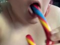 Alternative girl deepthroat’s colorful candy cane (Happy Holidays)