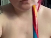 Alternative girl deepthroat’s colorful candy cane (Happy Holidays)