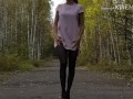 Walking in the park without panties in a mini dress and showing pussy