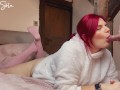 Redhead In Fuzzy Sweater and Knee High Socks Gets Fucked From Behind After Sucking Dick