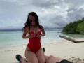 Juicy blowjob from a busty brunette on a desert island