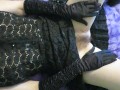 Cummybush gives gloved handjob - blasts of sticky cum cover her clothes in warm messy jizz rubs clit