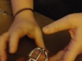 Ruined orgasm handjob for chastity slave... Mistress E drains lots of cum from his little dick