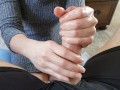 Deeply satisfying oily handjob,  but ruined as she decides to block his cumshot with her thumb. 