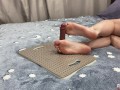 A student decided to play with a dildo after classes. Footjob with a dildo. Perfect feet. Footfetish