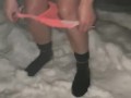 Wife exits hot tub in bikini, removed her bottoms to go pee in the snow in our backyard. Steamy piss