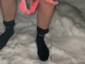Wife exits hot tub in bikini, removed her bottoms to go pee in the snow in our backyard. Steamy piss