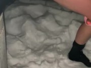 Wife exits hot tub in bikini, removed her bottoms to go pee in the snow in our backyard. Steamy piss