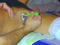 Husband, shaves, licks, fucks and eats his own cum from him wife pussy.