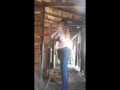 POV Femdom whipping slave in pig barn