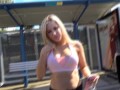 Blonde slut in yoga pants comes back to my place to suck big cock, gets fucked hard and swallow cum