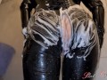 Slave Slut-Orgasma Celeste in black latex shower after a hard movie session