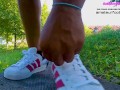 Kati´s adidas shoeplay, dipping fishnet socks insoles stinky feet lick her shoes sweaty feet