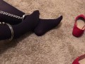 Sexy Foot Fetish Girl Shackles herself and Teases her Stinky Nylon Pantyhose