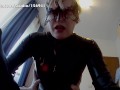 Catsuit and long gloves and overknee boots leads to long fuck, cowgirl orgasm and massive cumshot !