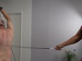 Sexy blond Mistress Mercedes whip her fat small slave with whip, flogger and crop.